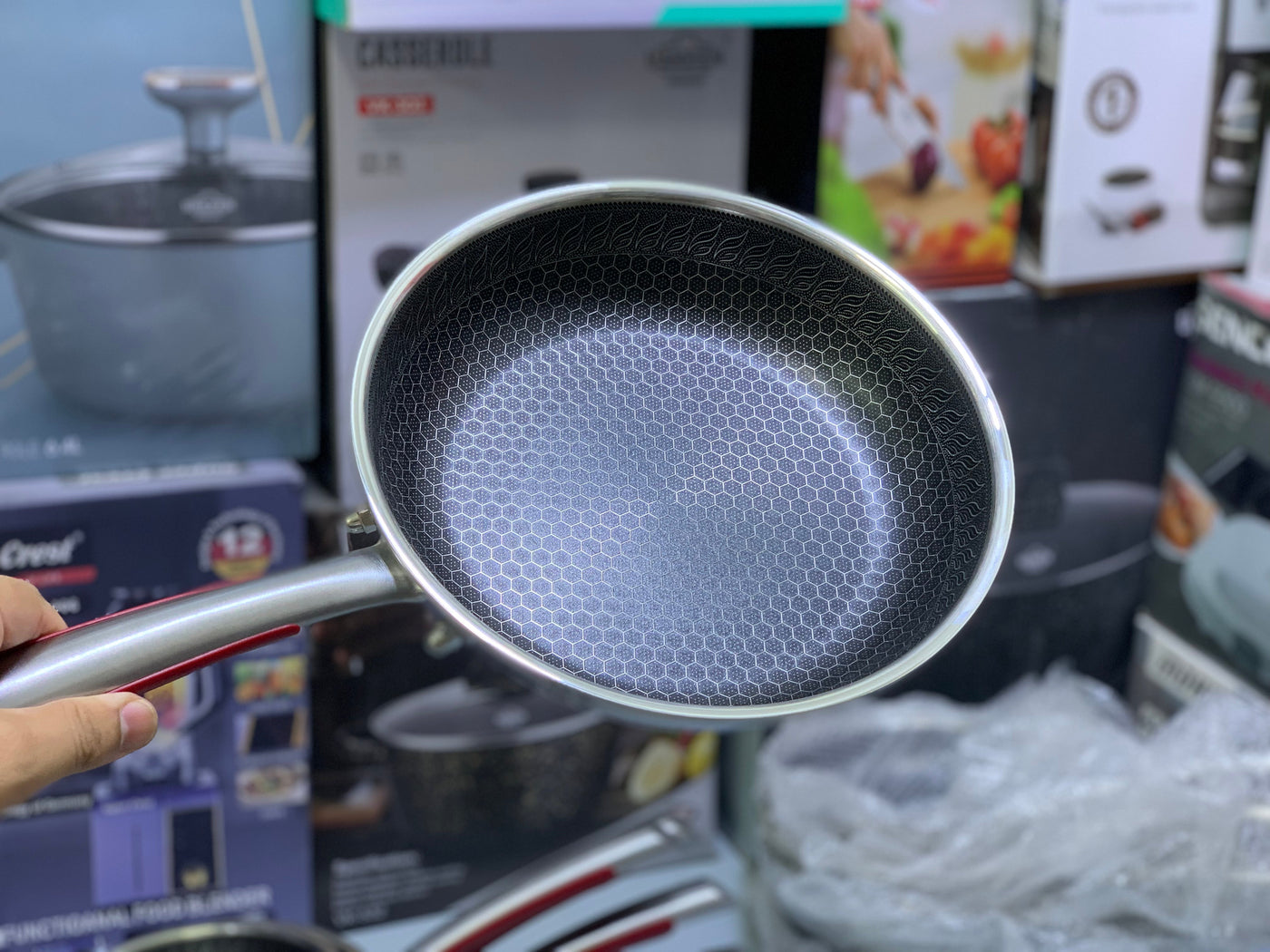 Laser Coating Frying Pan Stainless Steel Honeycomb Pattern Skillet without Lid