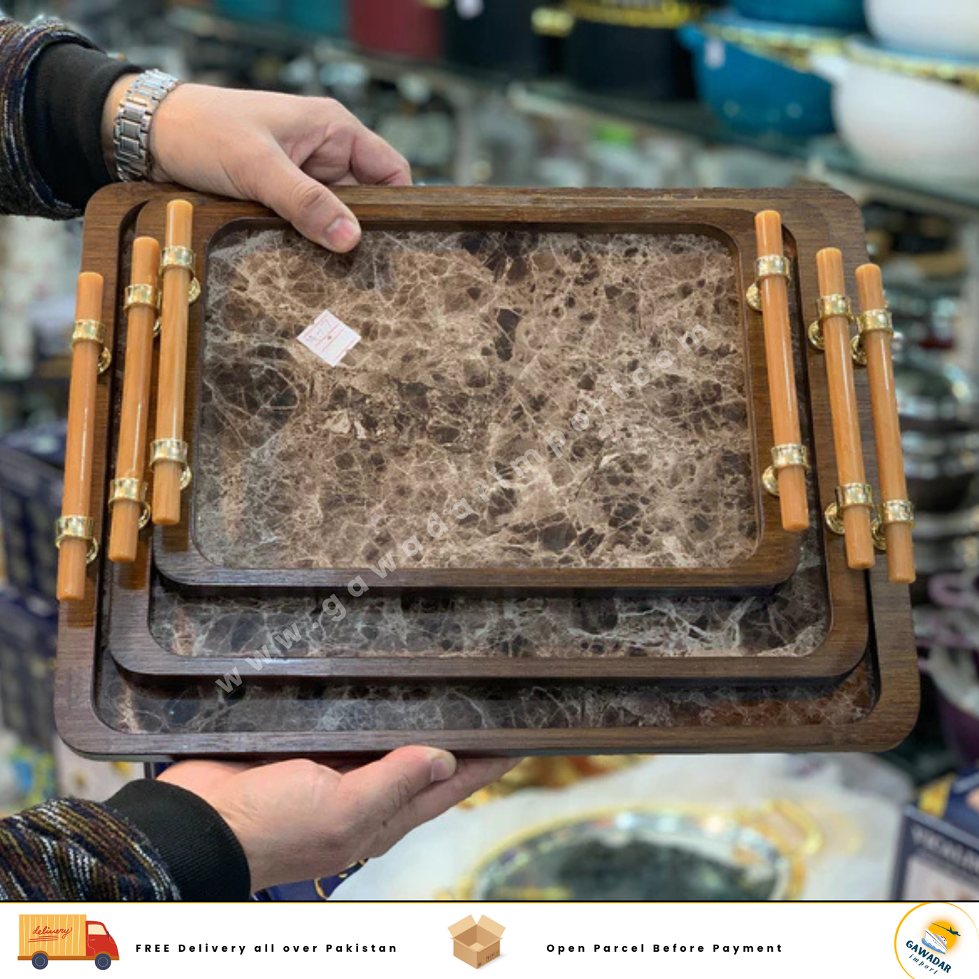 Bamboo and Marble Design 3 Pieces Serving Trays