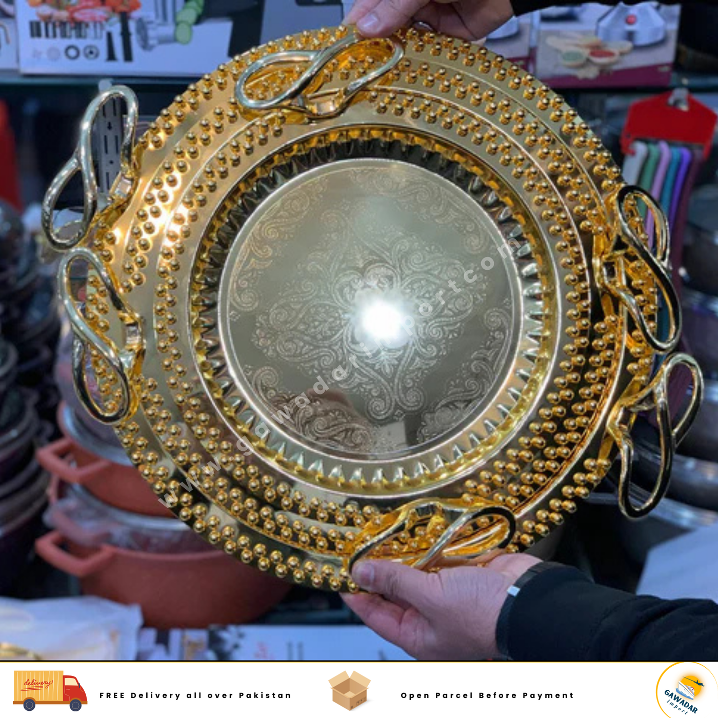 Golden Serving Trays Circle Shape with Stylish Handles 3 in 1