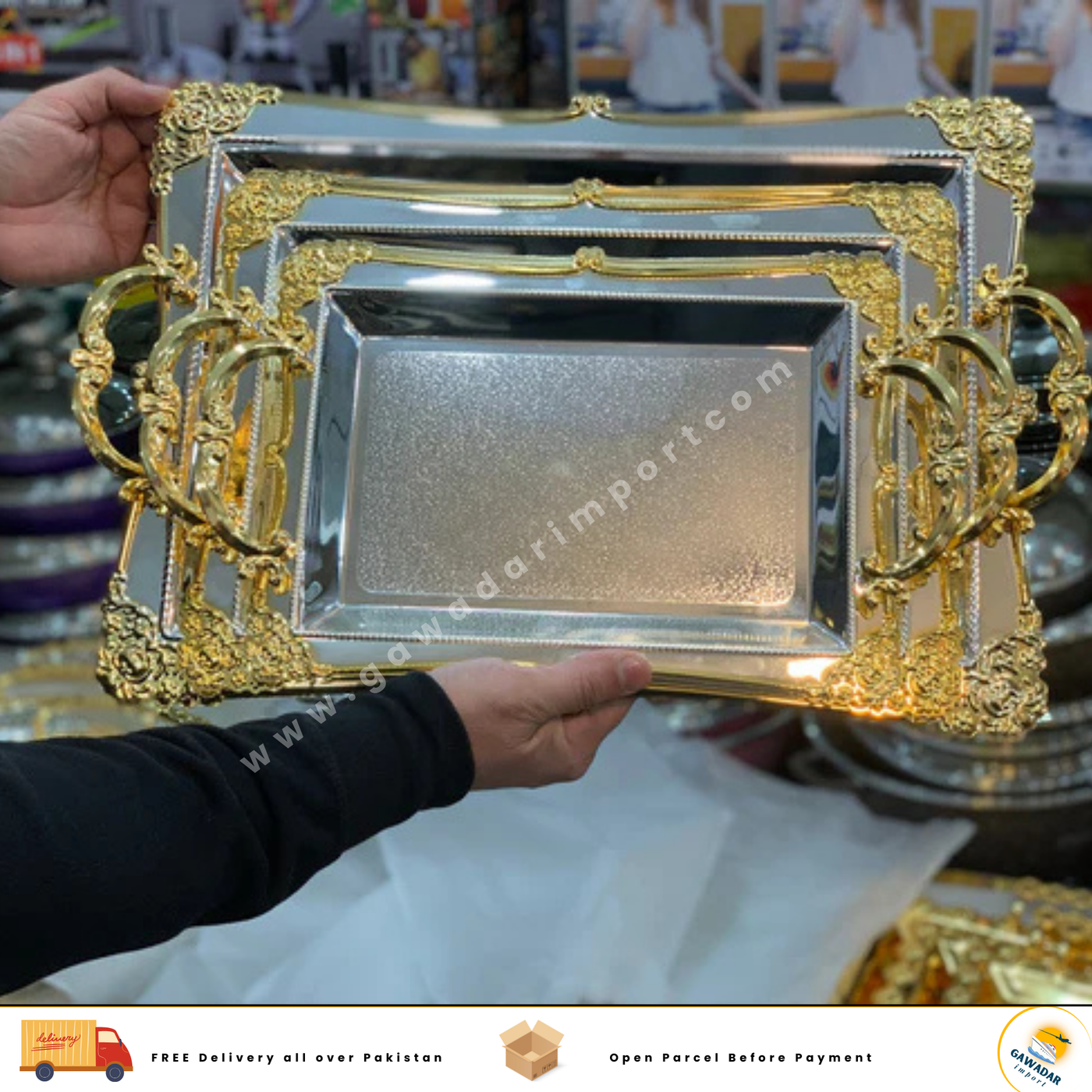 Silver-Golden Serving Trays Stainless Steel 3 in 1