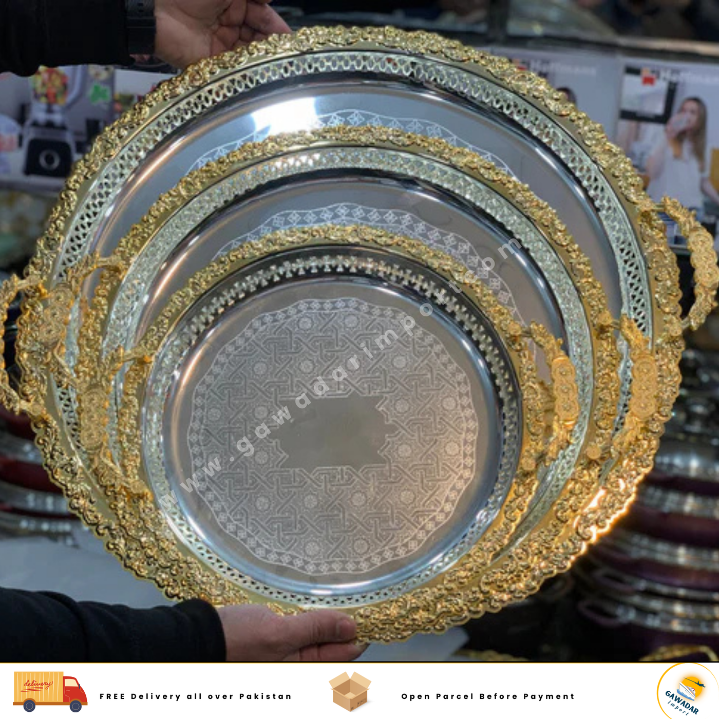 Golden-Silver Serving Trays Stainless Steel 3 in 1