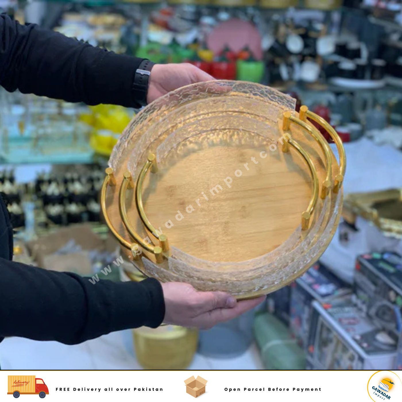 Round Shape Stylish Bamboo Serving Trays 3 Pieces